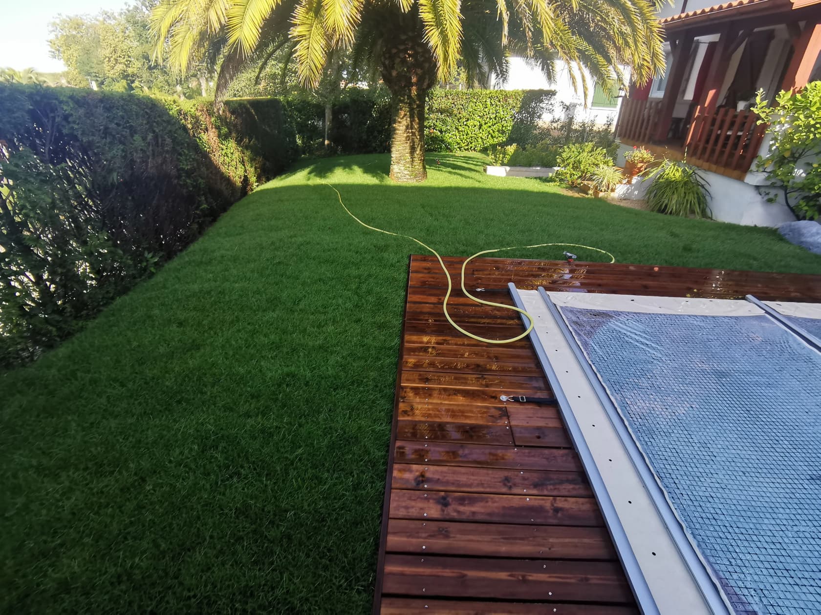 Gazon en rouleau posé au bord d’une terrasse en bois